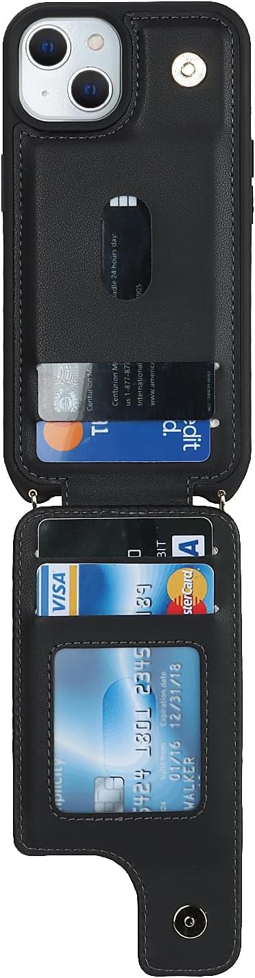 Lipvina for iPhone 14 Plus Case with Card Holder and Strap for Women,Crossbody Lanyard,RFID Blocking,Stand Ring Kickstand,Snap Clasp,Phone Wallet Cases 6.7 inch(Black)