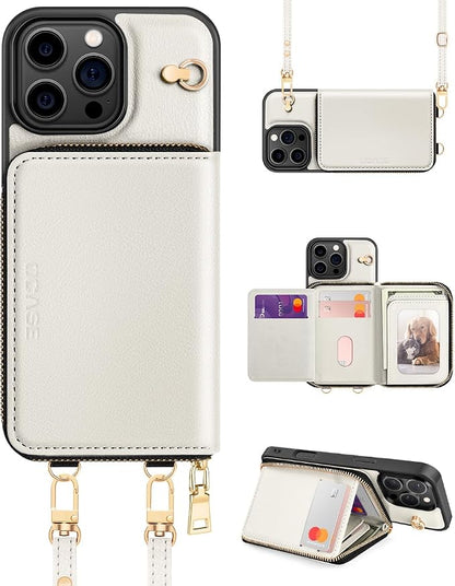OCASE Compatible with iPhone 16 Pro Crossbody Wallet Case with Card Holder, PU Leather Zipper Handbag Phone Purse with RFID Blocking Kickstand Wrist Strap Lanyard 6.3 Inch, Cream
