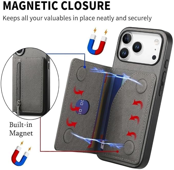 Wallet Case for iPhone 17Pro Max/17/17Pro/17Air, Zipper RFID Blocking Magnetic Closure Cover Card Holder PU Leather (iPhone 17 Air,Beige)