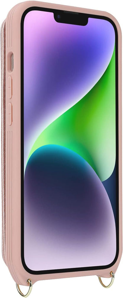 Lipvina for iPhone 14 Case with Card Holder and Strap for Women,Crossbody Lanyard,RFID Blocking,Ring Stand,Snap Clasp,Phone Wallet Cases 6.1 inch(Rose Gold)
