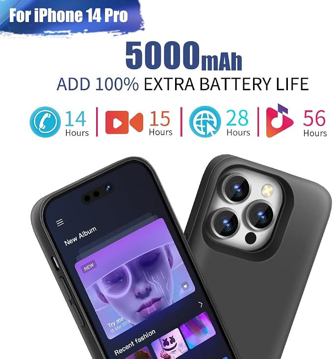 Battery Case for iPhone 14 Pro, 5000mAh Rechargeable Extended Battery Charging Charger Case, Add 100% Extra Juice (6.1 Inches) Black