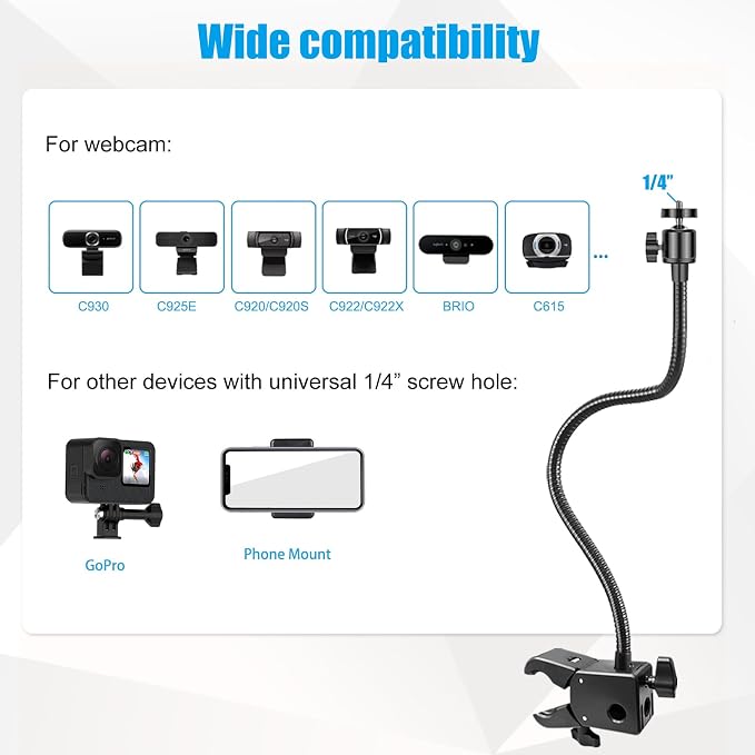 Webcam Stand, Webcam Mount Gooseneck Arm with Phone Holder Web Camera Stand Desk Mount Clip Clamp for Logitech Webcams C922 C930e C920S C920 C615 C960 C920x BRIO 4K NexiGo N60 and More