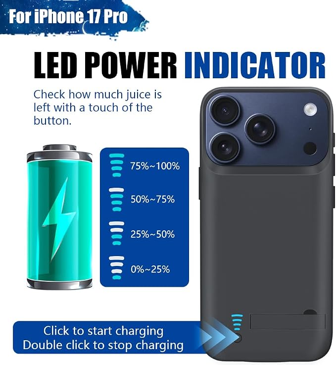 Battery Case for iPhone 17 Pro, 5000mAh Rechargeable Extended Battery Charging/Charger Case, Add 100% Extra Juice (6.3 Inches) Black