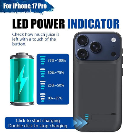 Battery Case for iPhone 17 Pro, 5000mAh Rechargeable Extended Battery Charging/Charger Case, Add 100% Extra Juice (6.3 Inches) Black