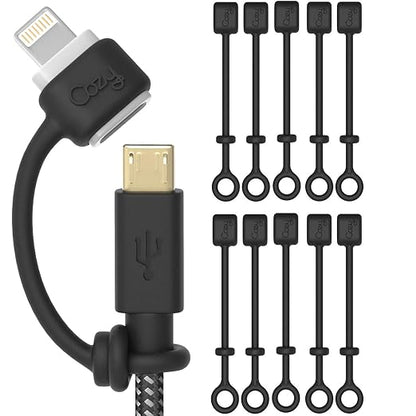 Cozy Silicone Charging Cable Keeper and Adapter Tether, Secure Black Cord Holders Compatible with Micro USB, Apple Pencil Components, Keychain, Car, Travel, 10-Pack