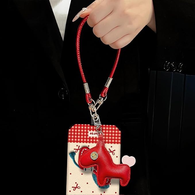 2026 Embroidered Pony Lanyard New Year Phone Case, Year of The Horse Anti-Drop Armor Leather Texture Case (Red,16PRO)