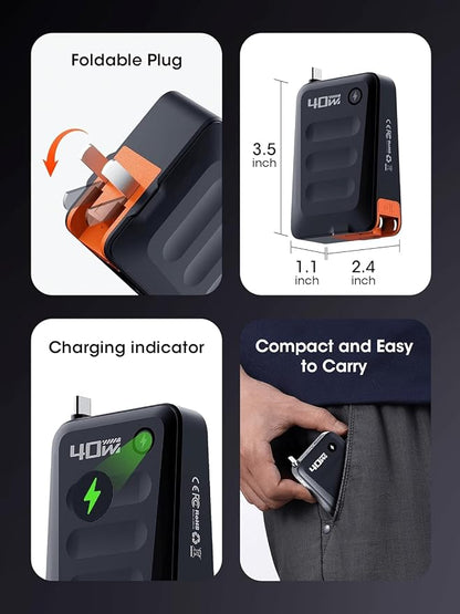 2026 ETODBUWS 3 in 1 GaN Charger,40W PD Fast Charging Blocks with Retractable Type C Cable and Dual Port Travel Charger,USB Chargers with Foldable Plug for iPhone 17/16/15,Galaxy,Pixel-Black