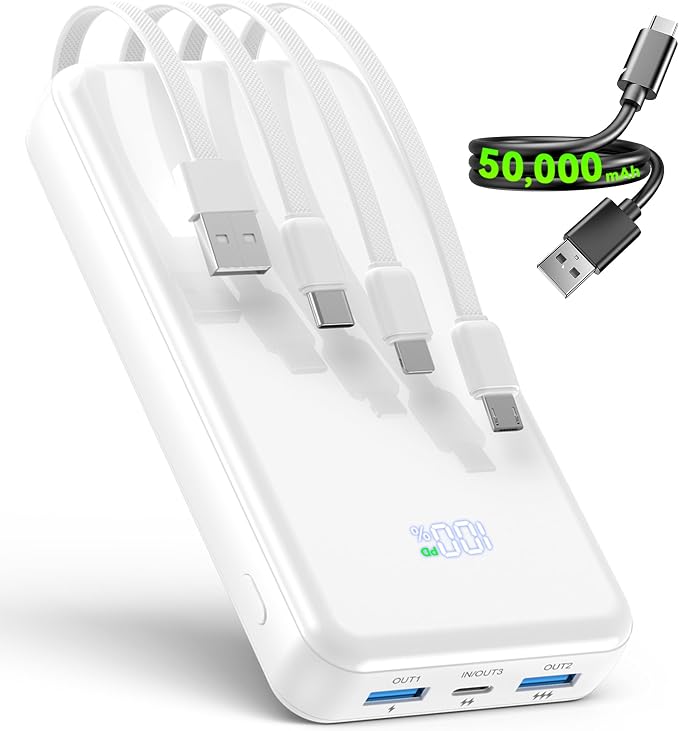 Portable Charger,50000mAh Power Bank Built-in Cable, 22.5W PD USB C In & Out Fast Charging, External Battery Pack with 6 Output & 2 Input, Travel Phone Charger for iPhone 17/16/15/14/13/12(White)