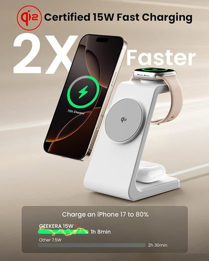Magsafe Wireless Charging Station for iPhone: Qi2 Certified 15W Fast Charging Station, 3 in 1 Magnetic Charger Stand for iPhone 17/16/15/14/13/12 Series, Apple Watch, AirPods 4/3/Pro