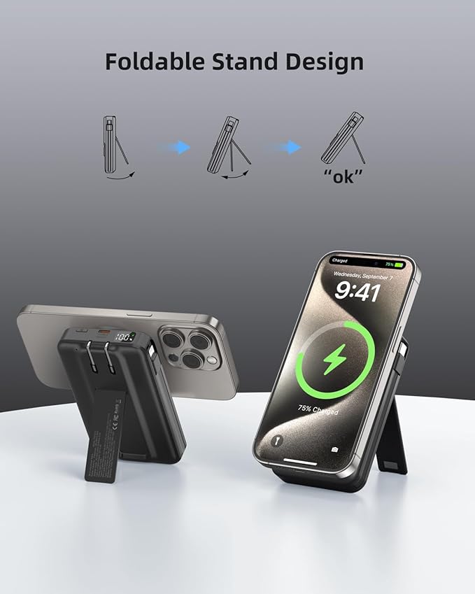 for Magsafe Magnetic Portable Charger, 10000mAh Wireless Power Bank with Built-in Cable & AC Wall Plug, Battery Pack PD 22.5W with Stand, LED Display for iPhone 17/16/15/14/13 Series, Samsung, Pixel