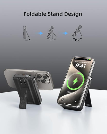 for Magsafe Magnetic Portable Charger, 10000mAh Wireless Power Bank with Built-in Cable & AC Wall Plug, Battery Pack PD 22.5W with Stand, LED Display for iPhone 17/16/15/14/13 Series, Samsung, Pixel