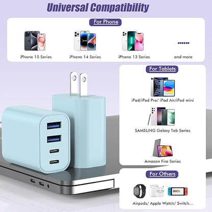 40W USB C Charger Block, [2 Pack] 4-prot USB Type C iPhone Fast Charging Brick, Multiport Apple Adapter for iPhone 17/17 Air/ 16 Pro/16 Pro Max/15/14/13/12, iPad Pro/iPad Air, iPad mini, iPad (Blue)