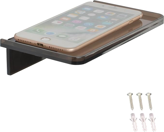 Stick-on Wall Shelf - Small Wall Mounted Adhesive Clear Acrylic Shelf Phone Holder Shelves Wipes Rack for Bathroom,Kitchen,Toilet,Office - Translucent Grey (A Set of Screws Included)
