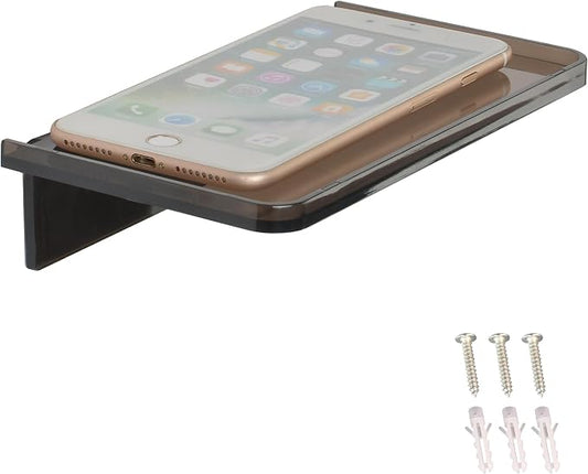 Stick-on Wall Shelf - Small Wall Mounted Adhesive Clear Acrylic Shelf Phone Holder Shelves Wipes Rack for Bathroom,Kitchen,Toilet,Office - Translucent Grey (A Set of Screws Included)