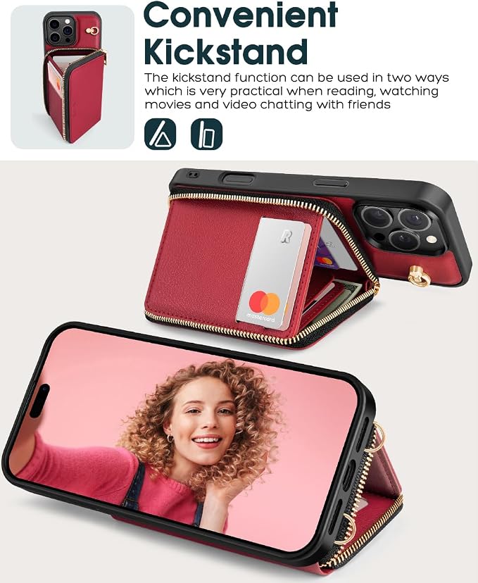 OCASE Compatible with iPhone 16 Pro Max Crossbody Wallet Case with Card Holder, PU Leather Zipper Handbag Phone Purse with RFID Blocking Kickstand Wrist Strap Lanyard 6.9 Inch, Dark Red