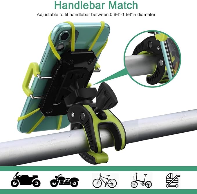 Bike Phone Mount, Motorcycle Mountain Bike Handlebar Bicycle Golf Cart Stroller Cell Phone Holder with Rubber Strap 360 Degrees Rotate for iPhone X 8 7 6 6s Plus Samsung (Green)