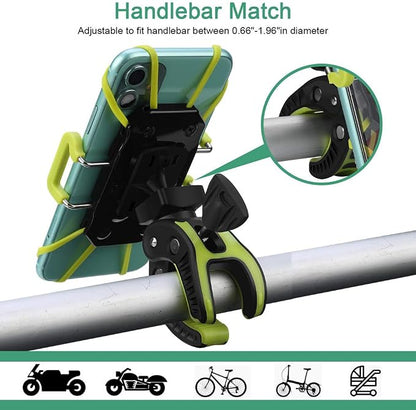 Bike Phone Mount, Motorcycle Mountain Bike Handlebar Bicycle Golf Cart Stroller Cell Phone Holder with Rubber Strap 360 Degrees Rotate for iPhone X 8 7 6 6s Plus Samsung (Green)