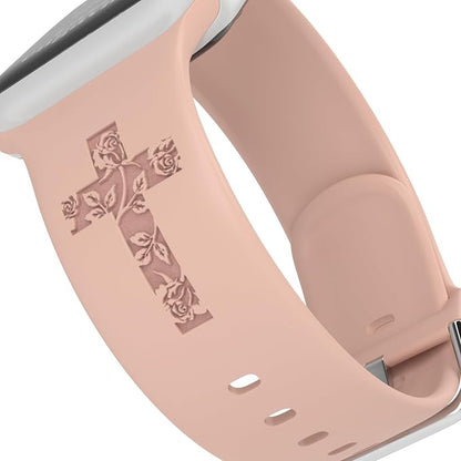 Faith with Cross Watch Band Compatible with Apple Watch Laser Engraved Band Silicone 38mm 40mm 41mm 42mm 44mm 45mm 46mm 49mm Strap Jesus Psalm Christian God Blessed (Pink Sand, 42/44/45/46/49mm S/M)