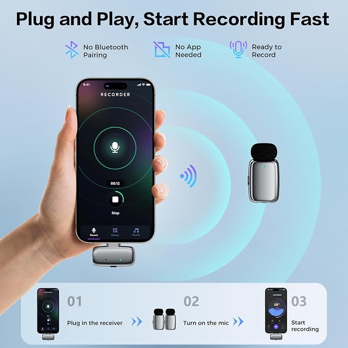 ZealSound Mini Microphone, Wireless Lavalier Mic for iPhone/iPad/Android, USB-C/Lightning, Noise Reduction, 33H Battery with Charging Case for Content Creators, TikTok & YouTube Videos - Chrome Silver