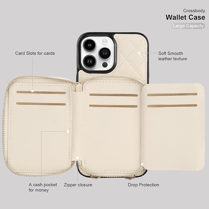 Bocasal Crossbody Wallet Case for iPhone 13 Pro Max, RFID Blocking PU Leather Zipper Handbag Purse Flip Cover, Kickstand Folio Case with Card Slots Holder Wrist Strap Lanyard 5G 6.7 Inch (Beige)