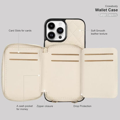 Bocasal Crossbody Wallet Case for iPhone 13 Pro Max, RFID Blocking PU Leather Zipper Handbag Purse Flip Cover, Kickstand Folio Case with Card Slots Holder Wrist Strap Lanyard 5G 6.7 Inch (Beige)