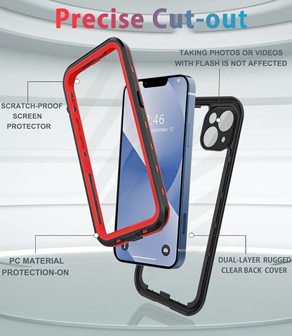 for iPhone 13 Case Waterproof Shockproof Dustproof Full-Body Sturdy with Camera Lens Protector and Built-in Screen Protector,Underwater Full Sealed Cover Protective for iPhone 13 (Red)