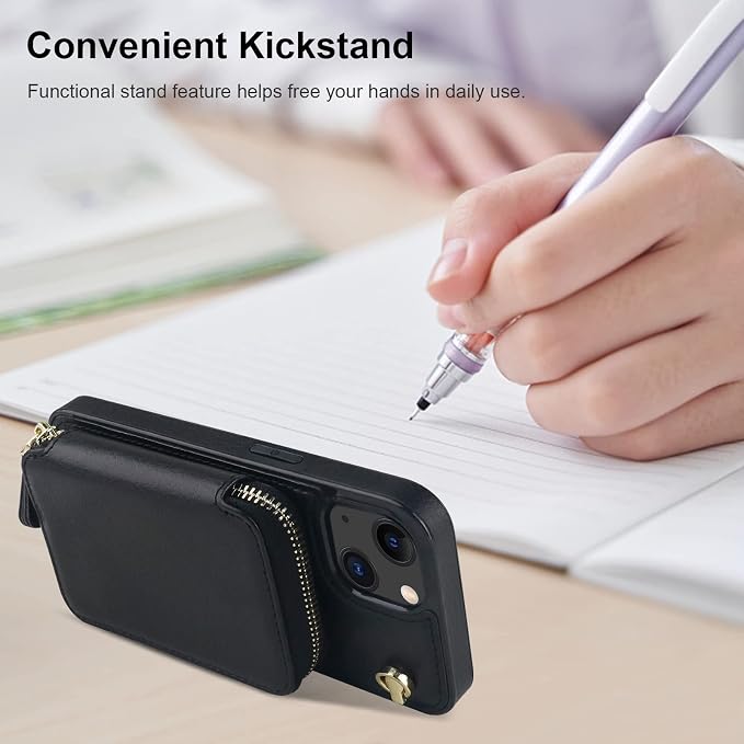 Bocasal Crossbody Wallet Case for iPhone 14 iPhone 13, RFID Blocking Leather Purse Case with Card Holder, Protective Handbag Flip Cover with Zipper Wrist Strap Lanyard for Women 5G 6.1 Inch (Black)