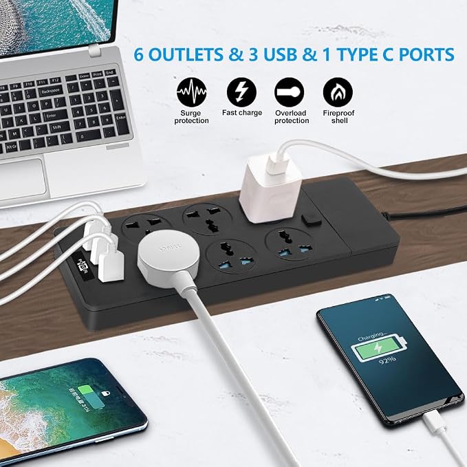 Universal Power Strip with 6 Oulets, 3 USB and 1 Type C, 6.5ft Extension Cord 3000W Universal Power Strip Surge Protector 110V-250V Extension Lead for Home Office Dorm Room (Black)
