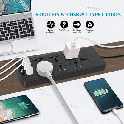 Universal Power Strip with 6 Oulets, 3 USB and 1 Type C, 6.5ft Extension Cord 3000W Universal Power Strip Surge Protector 110V-250V Extension Lead for Home Office Dorm Room (Black)