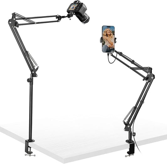 Overhead Camera Mount,Camera Desk Mount with 360° Adjustable Arm and Phone Holder,Max Load-Bearing 5lb,Desk Clamp Stand for Content Creation and Live Streaming,DSLR,Webcam,Mic,Ring Light