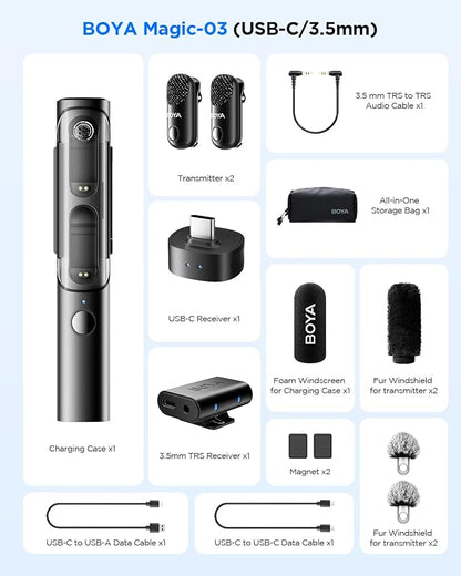 BOYA Magic-03 Wireless Lavalier Microphone, 30Hrs Battery,328FT Los Range, Safety Track &Limiter, Portable Wireless Mini Lapel mic for USB Type-C Android iPhone 16/15 Camera Camcorder Vlog Podcast