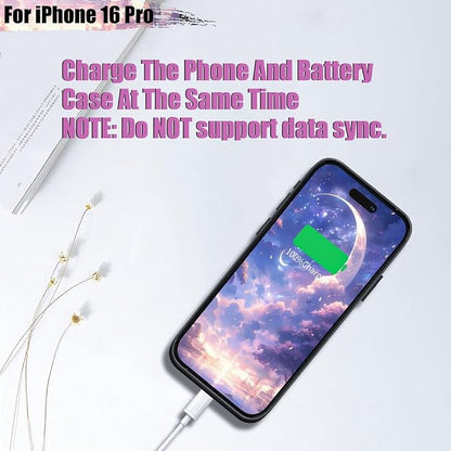 Battery Case for iPhone 16 Pro, 5000mAh Rechargeable Extended Battery Charging/Charger Case, Add 100% Extra Juice (6.3 inch) Black