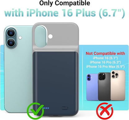 Battery Case for iPhone 16 Plus(6.7inch), Ultra-Slim 7000mAh Portable Extended Charging Charger Case [2026 Upgraded] Rechargeable Battery Back with Tempered Glass Screen Protector, Blue