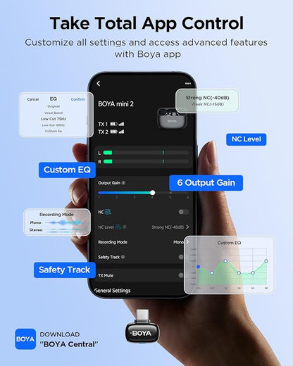 BOYA Mini Wireless Lavalier Microphone for iPhone16/15 Android,USB-C Ultra Mini Mic with Noise Reduction, AI Voice Change, Lapel Mics for Video Recording, Vlogging, TikTok, YouTube(2TX+RXU)