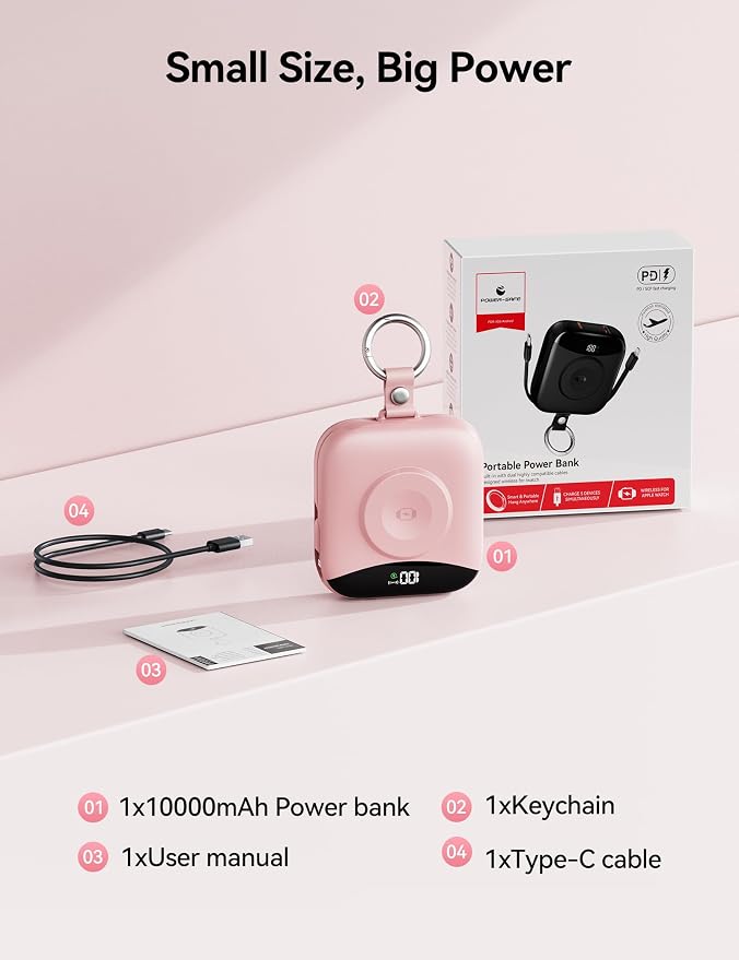 Portable Charger Power Bank, 10000mAh Fast Charging Power Bank with Built-in Cables, Travel Keychain Battery Pack with LED Display for iPhone Samsung Android iPad iWatch Charger 11/10/9/8/Ultra,Pink