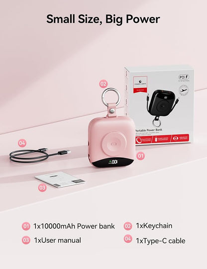 Portable Charger Power Bank, 10000mAh Fast Charging Power Bank with Built-in Cables, Travel Keychain Battery Pack with LED Display for iPhone Samsung Android iPad iWatch Charger 11/10/9/8/Ultra,Pink