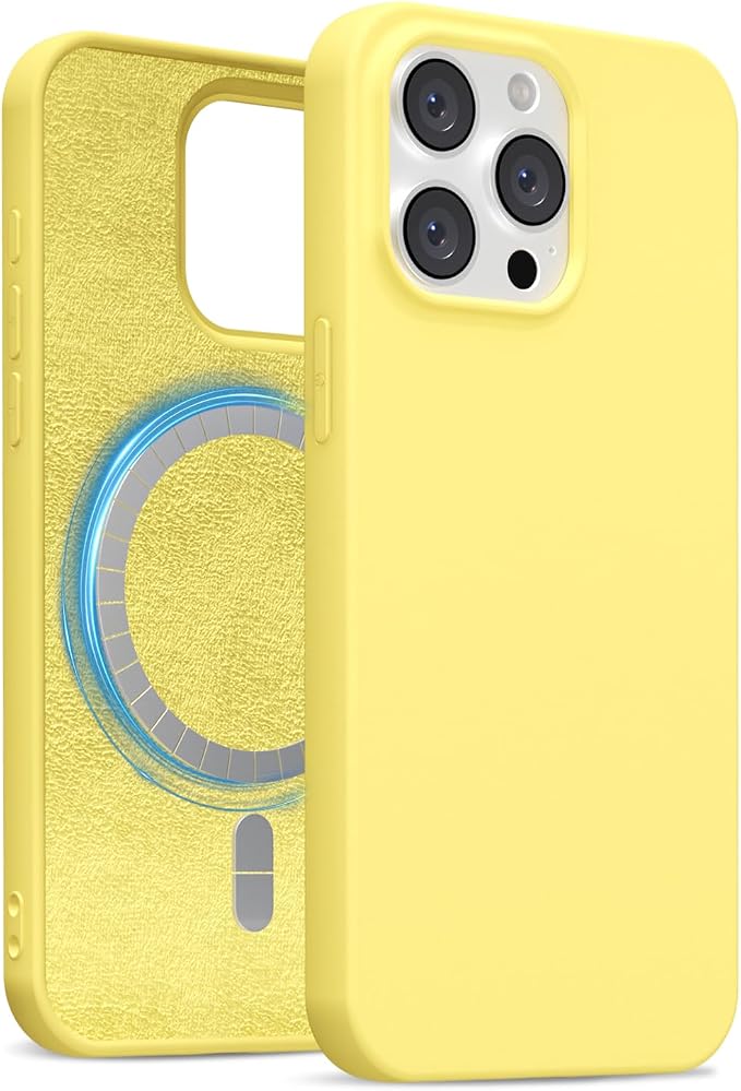 for iPhone 14 Pro Case Silicone Compatible with Magsafe Case, Ultra Slim Thin Magnetic Phone Cases Mag Safe, Cute Soft Rubber Gel TPU Matte Plain Wireless Charging Cover for Women, Yellow