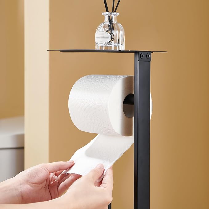 Freestanding Toilet Paper Holder Stand – Stainless Steel Bathroom Tissue Holder with Storage Tray & Roll Organizer, Square Design (Matte Black)