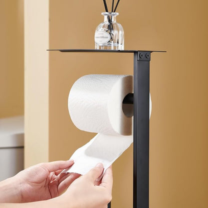Freestanding Toilet Paper Holder Stand – Stainless Steel Bathroom Tissue Holder with Storage Tray & Roll Organizer, Square Design (Matte Black)