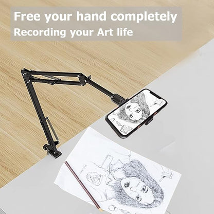 Overhead Tripod Mount for Camera Webcam Ring Light, Long Over Head Articulating Arm with Phone Holder and Ball Head, Desktop Lazy Arm Clamp Phone Stand Accessory for Live Streaming,Video Recording