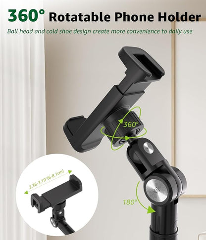 Overhead Phone Mount for Video Recording, Tall Floor Stand with Bluetooth Remote, 360° Extendable Boom Arm Tripod for Live Streaming, Art, Cooking - Fits iPhone 17 16 15 14 13 Android (Not for iPad)