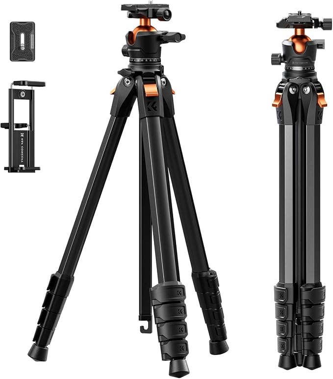 K&F CONCEPT 73" Aluminum Compact Camera Tripod, Portable Travel Tripod Compatible with iPhone, 22 lbs Capacity Arca Swiss Ball Head for DSLR Mirrorless Teleprompter Spotting Scope