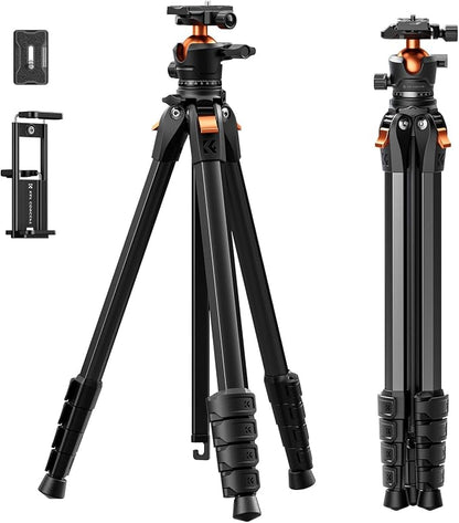 K&F CONCEPT 73" Aluminum Compact Camera Tripod, Portable Travel Tripod Compatible with iPhone, 22 lbs Capacity Arca Swiss Ball Head for DSLR Mirrorless Teleprompter Spotting Scope