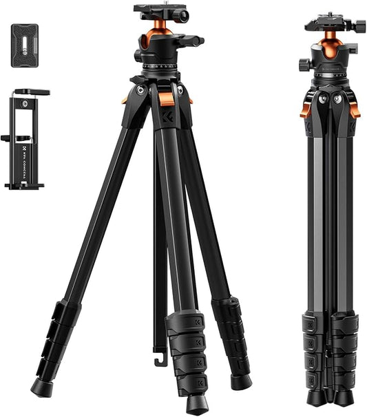 K&F CONCEPT 73" Aluminum Compact Camera Tripod, Portable Travel Tripod Compatible with iPhone, 22 lbs Capacity Arca Swiss Ball Head for DSLR Mirrorless Teleprompter Spotting Scope