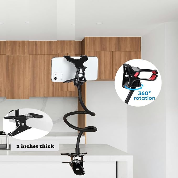 Selfdee Cell Phone Holder,Lazy Bracket, 360-degree Rotating Universal Flexible Long Arms Clip Mount Gooseneck Phones Stand for Bed Flexible Arm Adjustable Mount Clamp on Desk Bedframe (Black)