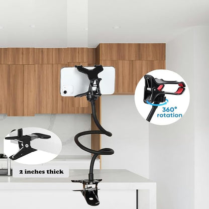 Selfdee Cell Phone Holder,Lazy Bracket, 360-degree Rotating Universal Flexible Long Arms Clip Mount Gooseneck Phones Stand for Bed Flexible Arm Adjustable Mount Clamp on Desk Bedframe (Black)
