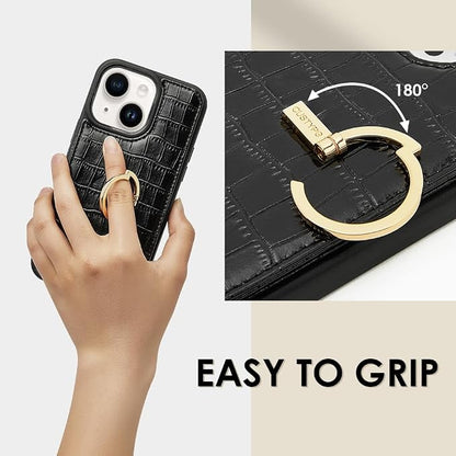 CUSTYPE for iPhone 13/14 Wallet Case with Card Holder,Ring Holder Kickstand Card Slots Case,Leather Protective Case with Wallet for Women and Men for iPhone 13/14 6.1"-Black