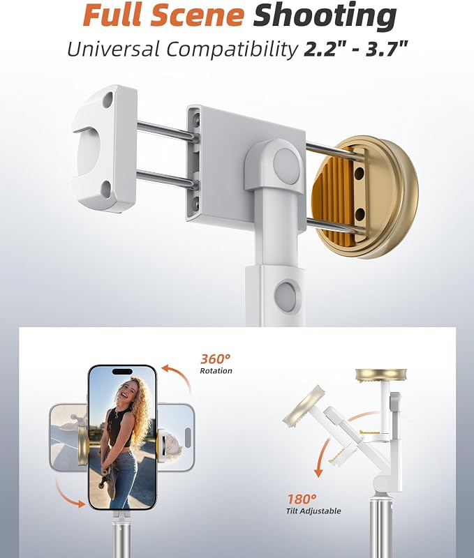 Phone Tripod & Selfie Stick with Remote, Portable, Lightweight for Video Recording Vlog, Extendable Travel Tripod Stand Compatible with iPhone Android, White, 62"