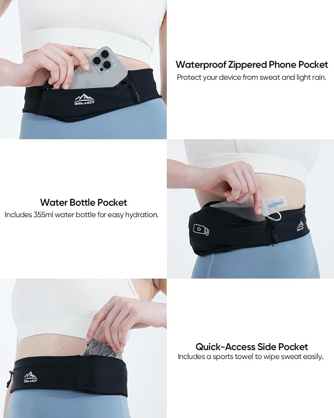 Zelvot Running Belt with 355ml Water Bottle, Extension Strap & Phone Holder, Adjustable Running Fanny Pack with Gym Towel, Waterproof Belt Bag for Women Men for Jogging Hiking Marathon (Black, Medium)