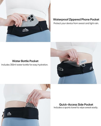Zelvot Running Belt with 355ml Water Bottle, Extension Strap & Phone Holder, Adjustable Running Fanny Pack with Gym Towel, Waterproof Belt Bag for Women Men for Jogging Hiking Marathon (Black, Medium)